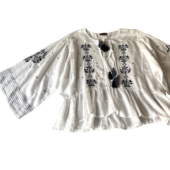 Jorja Long Sleeve Top Blouse Plus Size White Blue Boho Style 2X Tassel - Picture 6 of 14